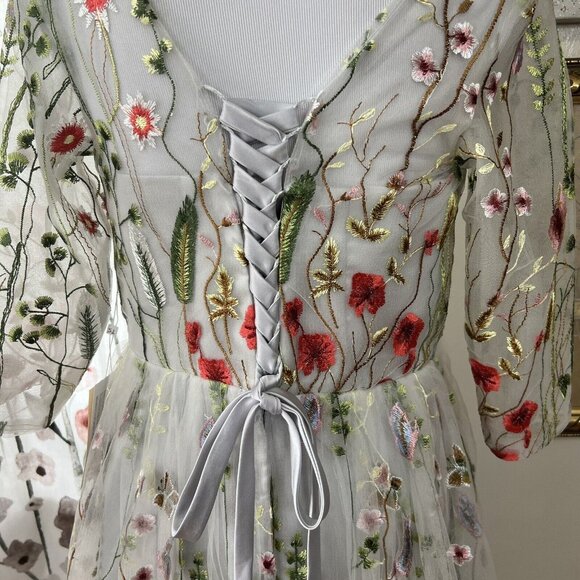 TS Couture Dress 14 Light Grey Embroidered Organza Floral Gown Evening Lace Up - Picture 7 of 13
